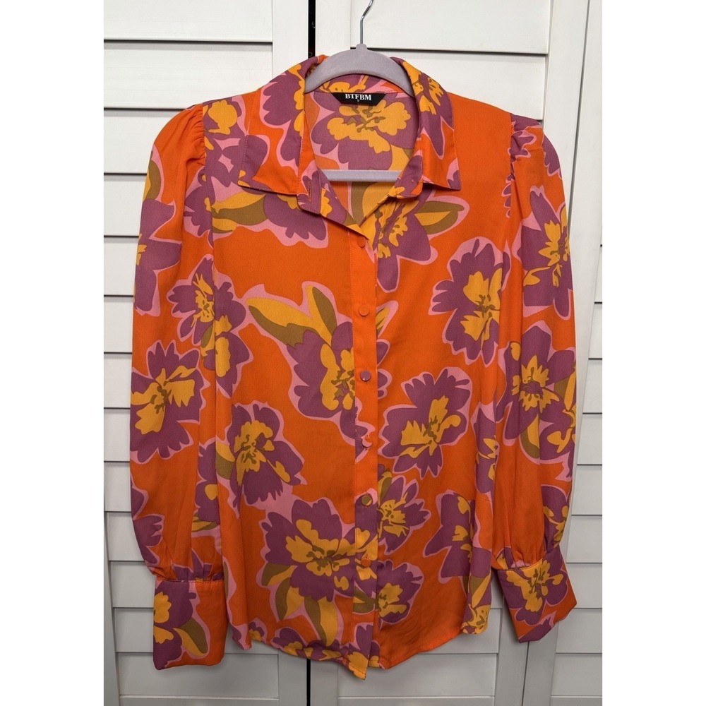 BTFBM Floral Long Sleeve Button Down Top Women's Size Small - Picture 2 of 9